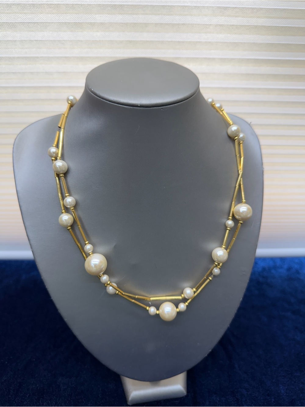 Long Gold-tone Faux Pearls Station necklace